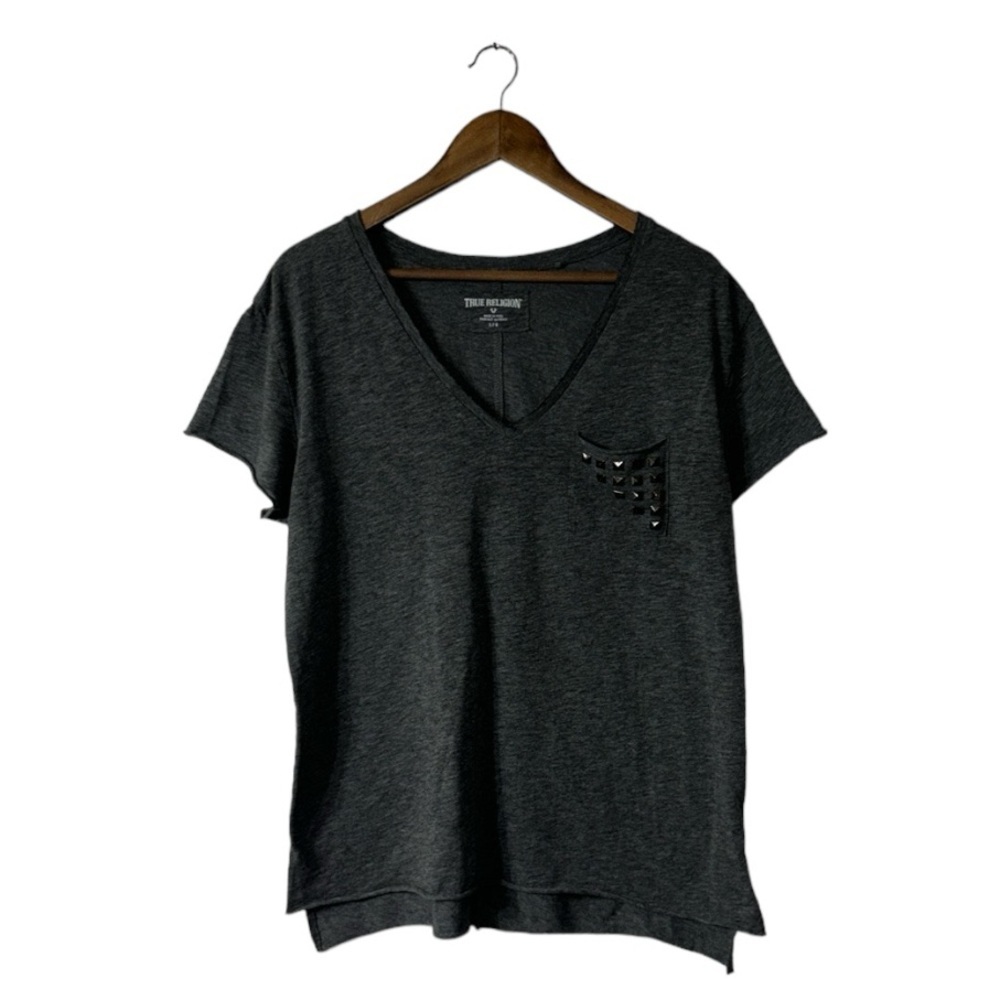 True Religion Grey Short Sleeve Tee Shirt Stud Pocket Casual Size Large